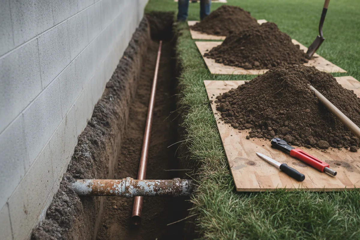 Excavated water line trench during Sewer Line Repair in Shady Side